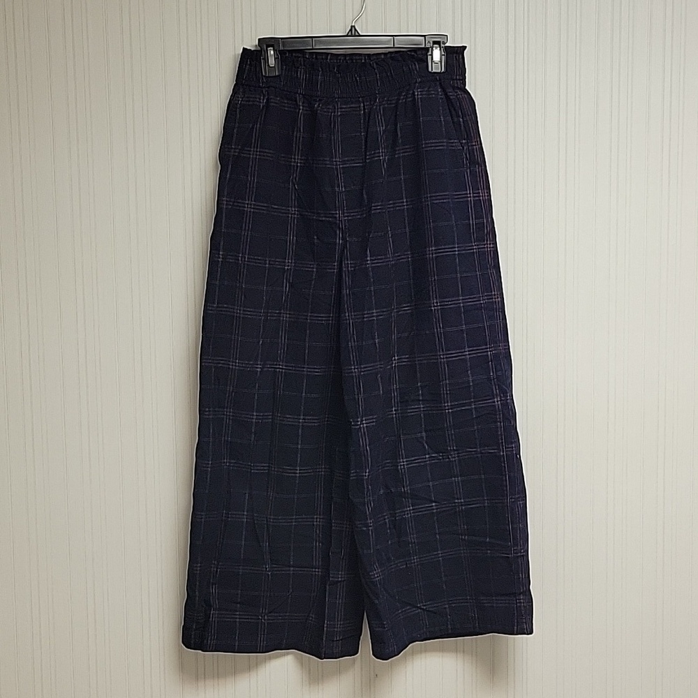 Madewell Corduroy wide leg pull on crop pants navy plaid women's sz small - Picture 5 of 8